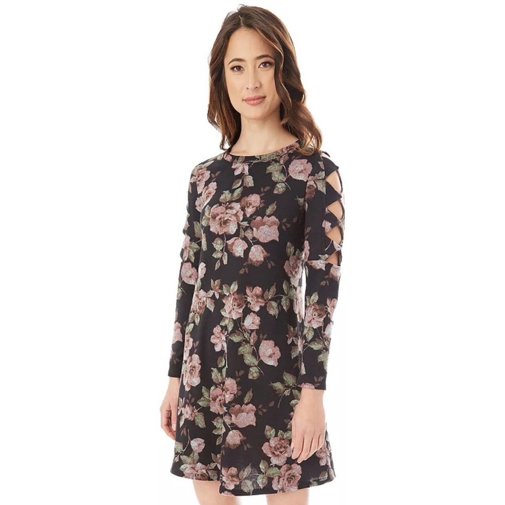 iZ Byer Long Sleeve Cold Shoulder Black Pink Floral Dress Size S